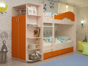 Кровать 2-х ярусная Мая с ящиками и шкафом на латофлексах оранж в Чусовом - chusovoj.magazinmebel.ru | фото