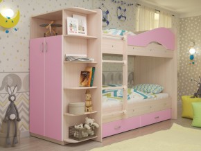 Кровать 2-х ярусная Мая с ящиками и шкафом на латофлексах розовый в Чусовом - chusovoj.magazinmebel.ru | фото