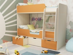 Кровать двухъярусная Малыш двойняшка дуб молочный-оранжевый в Чусовом - chusovoj.magazinmebel.ru | фото